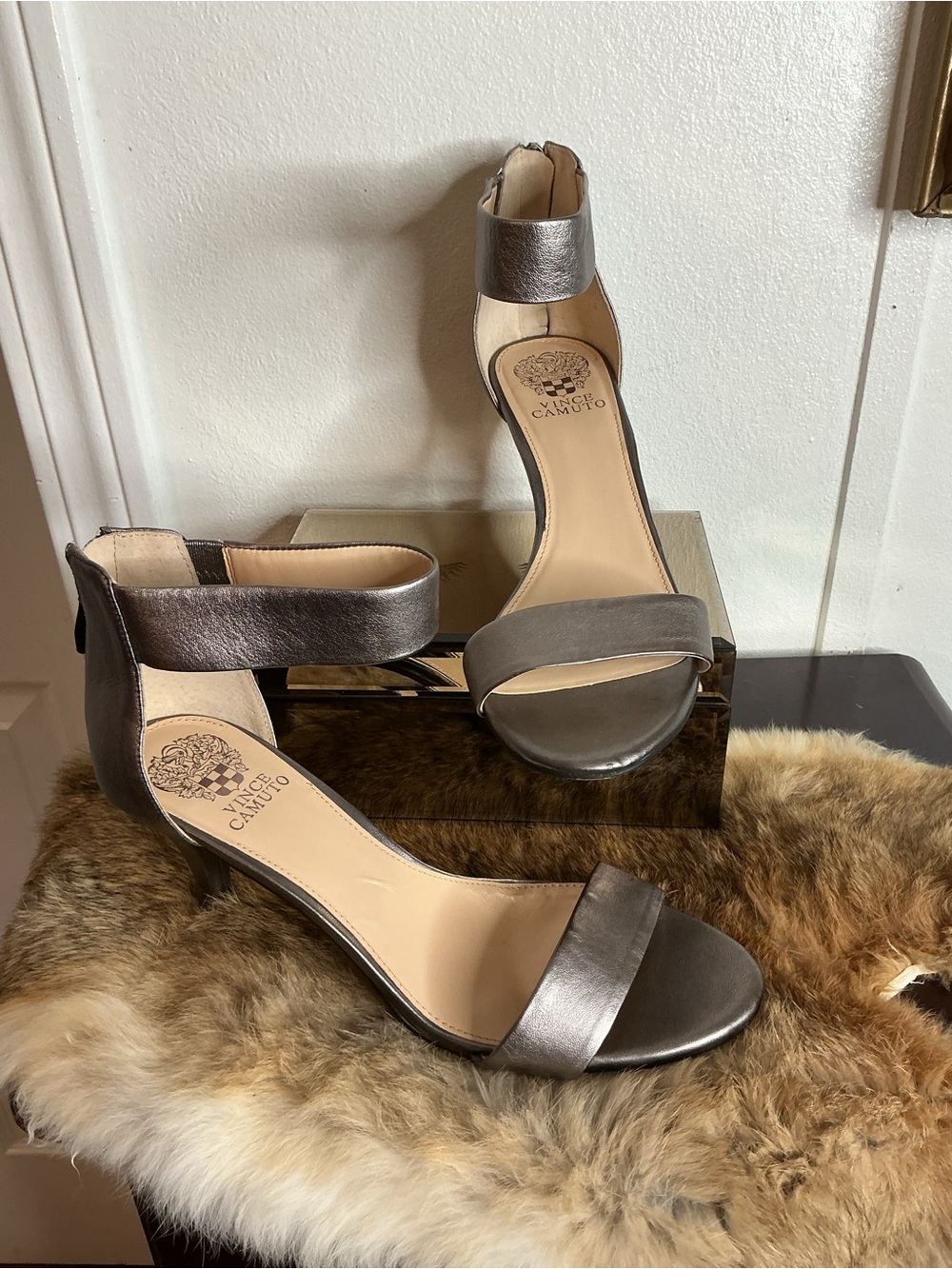 Vince Camuto Metallic Pewter Open-Toe Ankle-Strap Heels
